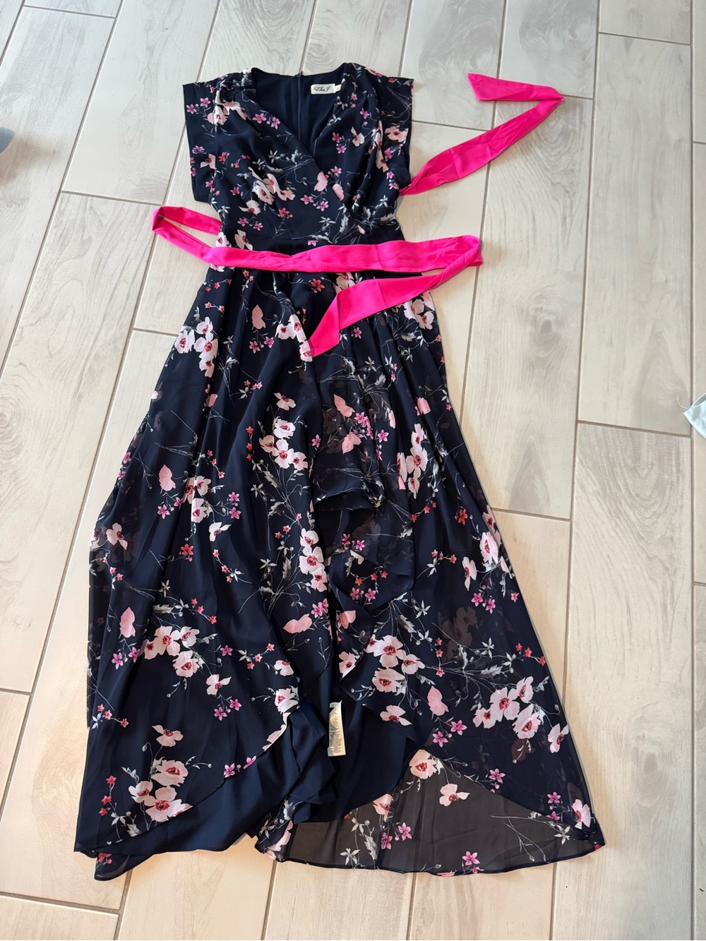 Eliza J Navy Floral Wrap Dress with Hot Pink Sash